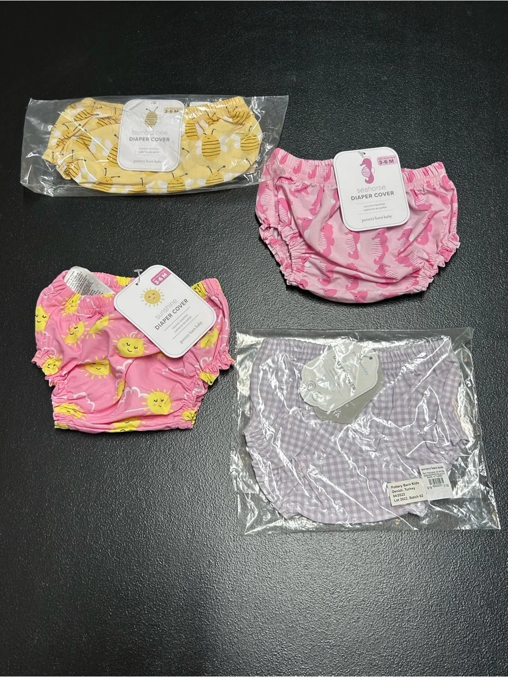 4 Pottery Barn Baby Diaper Covers 3-6 Month Bumble Bee Seahorse Sun Gingham NWT